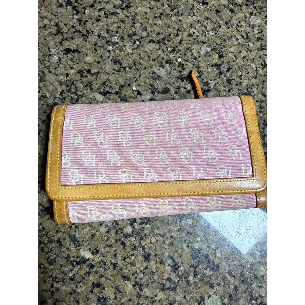Dooney & Bourke Pink Monogram Canvas Trifold Wallet Tan Leather Trim Vintage